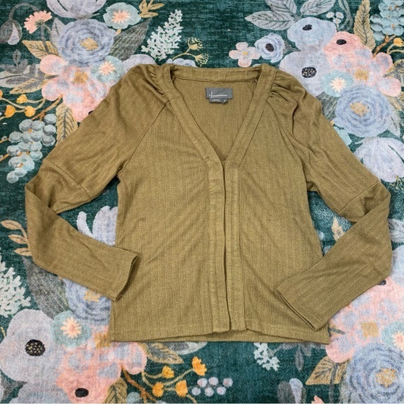 Anthropologie NEW Puff Sleeve Neutral Olive Green Lightweight Cardigan Sweater - Picture 3 of 15